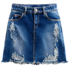 Ripped denim mini skirt worn by female model, isolated on transparent background, trendy street fashion with distressed texture and casual style.