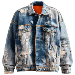 Ripped blue denim jacket isolated on transparent background, vintage streetwear style with distressed details, perfect for fashion and urban concepts.