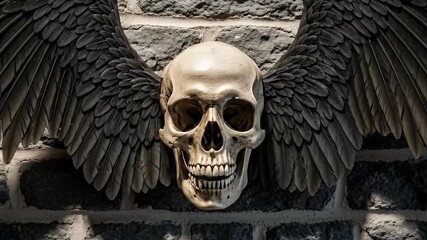 A hauntingly detailed human skull, adorned with expansive, dark feathered wings, is prominently displayed against a rugged, textured stone wall. The skeletal visage features intricate bone structure a