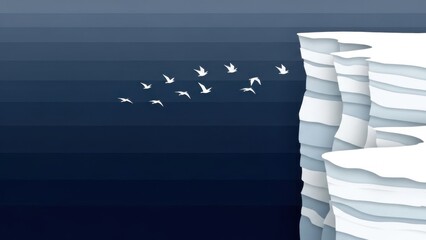 Dramatic cliffside landscape with flock of birds in flight