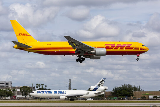 DHL 21 Air Boeing 767-300ER(BDSF) airplane at Miami airport in the United States