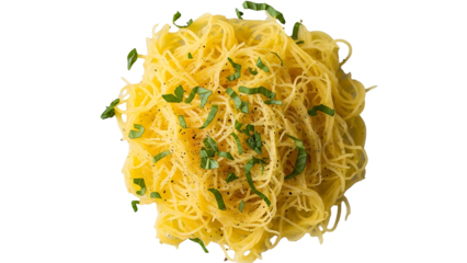 Appetizing plate of spaghetti with herbs isolated on transparent background