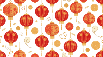 template featuring a seamless fabric motif pattern of traditional Chinese paper lanterns in vibrant red and gold colors, accompanied by golden coins