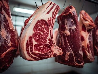 Close-up of Premium Aged British Beef Sides Hanging in a Traditional Butcher's Cold Room, Highlighting Quality and Craftsmanship
