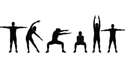 Collection of professional people silhouettes performing gym fitness workout exercises including squats and stretching poses isolated on white background for health and wellness design,