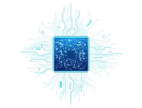 Isolated microchip with luminous wiring on a transparent background. High-tech processor featuring glowing blue electronic pathways and intricate hardware details. Digital vector illustration.