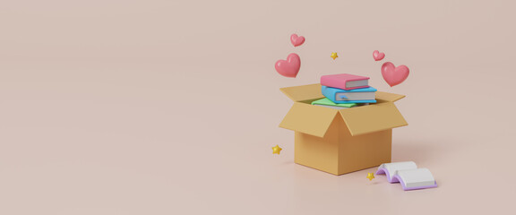 International book giving day, February 14. Book day. Suitable for greeting card, poster and banner minimal cartoon design. Conceptual of education and learning. Mutual respect. 3d render illustration