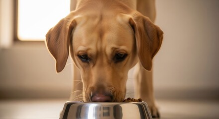 Golden Labrador Dog Eating Food from Bowl Indoors