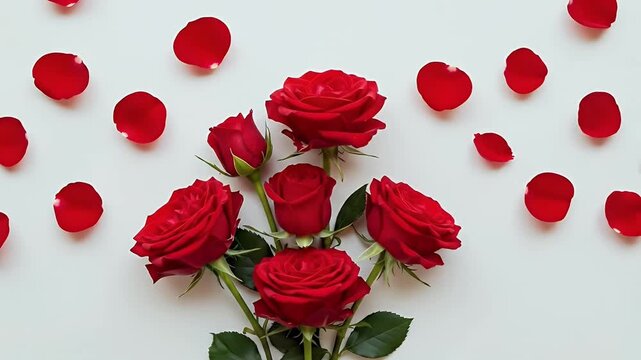 A stunning arrangement of vibrant red roses with fresh green leaves is artfully displayed against a pristine white background, beautifully framed by delicate scattered petals. This elegant top-down fl