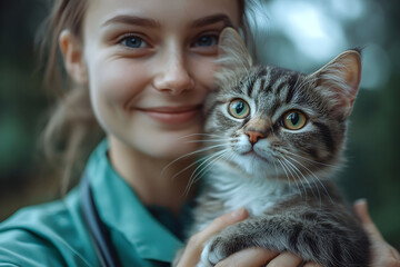Young woman in green attire joyfully holding a fluffy gray tabby cat outdoors with a blurred natural background