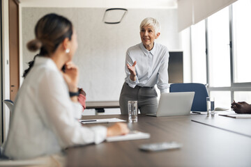 Obraz premium Senior businesswoman leading a business meeting and presentation