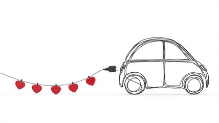 Whimsical hand drawn electric car charging with a string of strawberry shaped lights on a white background