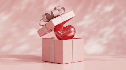 A translucent red heart shaped perfume bottle emerges from an open pink gift box with a delicate ribbon