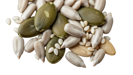 Pile of Sunflower and Pumpkin Seeds, healthy food ingredients, isolated on transparent background