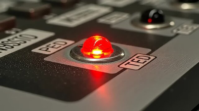 Illuminated red button on a control panel with the word TED.