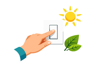 Turning off light switch with sun and leaves for energy saving concept
