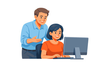 Man helping woman with computer