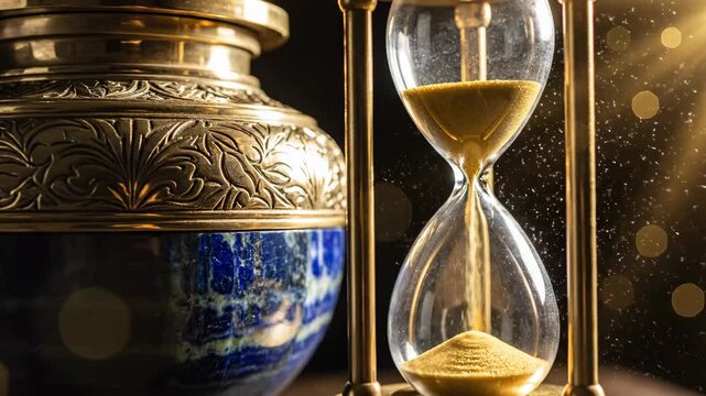 Hourglass with golden sand flowing. Passage of time concept. Decorative urn with brass and blue details. Remembrance and mortality symbol