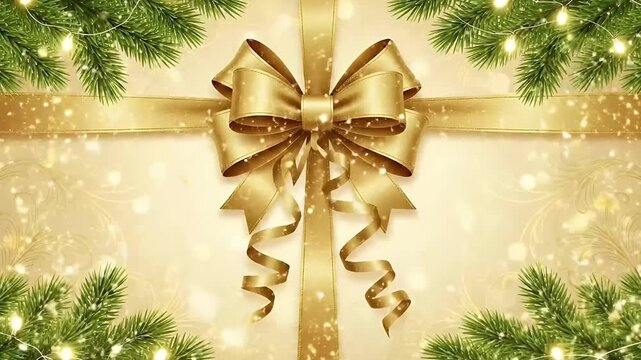 This luxurious and festive animated background features a prominent golden ribbon and elegant bow at its center, meticulously tied, creating a sophisticated gift-like appearance. Sparkling golden part