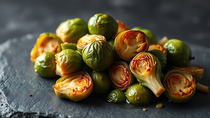 unobserved. Close-up of caramelized Brussels sprouts on dark slate, steam rising. menu design, packaging mockups, designed for culinary blogs and recipe cards for restaurants, used by art directors.