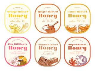 Honey labels featuring various flavors and infusions created for product display and marketing purposes