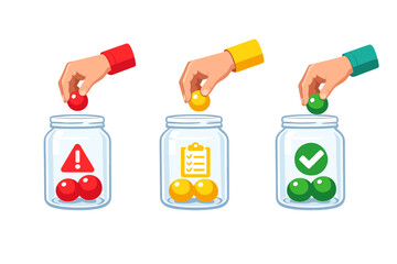 Hands dropping colored balls into jars with icons