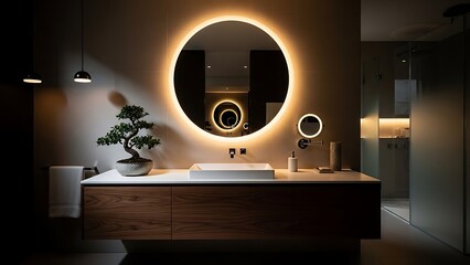 Modern Bathroom with Illuminated Round Mirror.