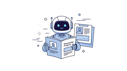 Cute robot engaged in reading a mentorship program brochure with data charts