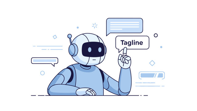 Cute robot with tagline and speech bubbles in a blue themed illustration