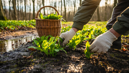 Hands Harvesting Wild Garlic Leaves Into Wicker Basket In Sunny Spring Forest