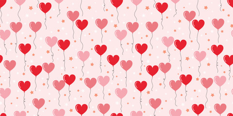 Seamless pattern with red and pink heart balloons, stars, and sparkles on soft pink background. Cute vector for Valentine's Day and weddings.