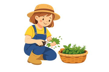 Cartoon farmer girl harvesting herbs in a basket