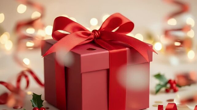 A beautifully wrapped red gift box, adorned with a luxurious red satin ribbon and bow, takes center stage against a dreamy, sparkling bokeh background of golden lights. Scattered around the elegant pr