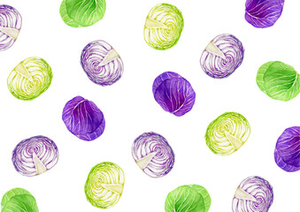 キャベツ 紫キャベツ　野菜　背景 模様　水彩 イラスト