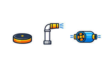 Three futuristic industrial icons on a dark background