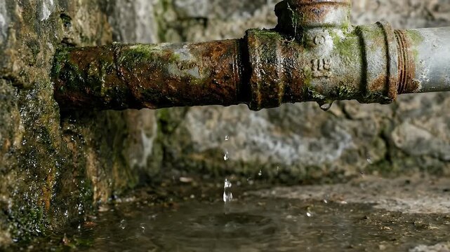 A captivating close-up shot details water continuously dripping from an old, heavily rusted metal pipe, visibly encrusted with vibrant green moss. Each clear droplet descends and falls into a small pu