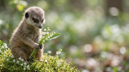 Obraz premium Cute meerkat holding delicate Lily of the Valley flowers in a horizontal banner format against gentle sunset light.