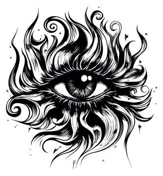 Line art illustration of an eye depicting mystical swirling elements for spiritual designs