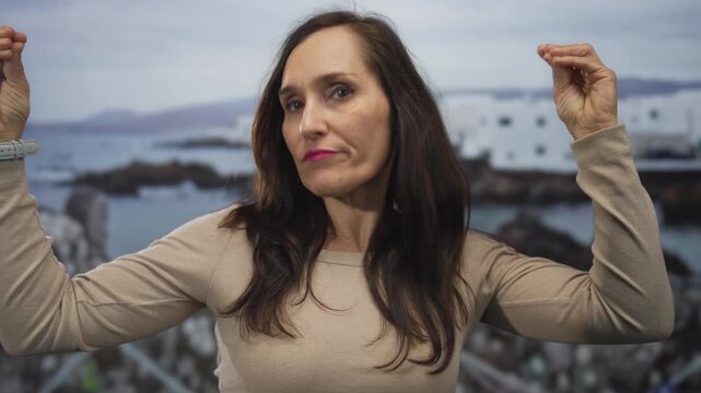 Young hispanic woman uses hand talking gesture on seaside promenade overlooking ocean; communication passion.