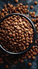 Chalkboard chic: the art of dog feeding from a bird's eye view. Rule thirds. Top view of dog food in basic bowl amid black chalkboard background. Blank background. Large format.