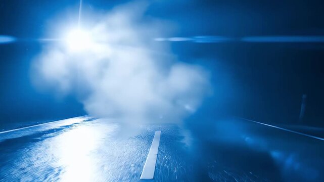 A dark, wet asphalt road at night, intensely illuminated by bright, bluish light from an unseen source, resembling powerful vehicle headlights. As the scene unfolds, a thick cloud of fog or mist stead