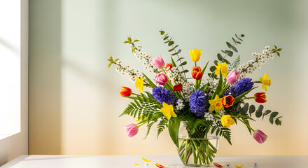 Obraz premium Colorful bouquet of flowers in a vase on a table by a window