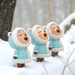 Adorable 3D animated characters sing together in snowy winter scene