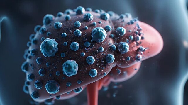 Human Liver Anatomy Visualization with Metastasis or Tumor Growth on Dark Gradient Background for Medical Education and