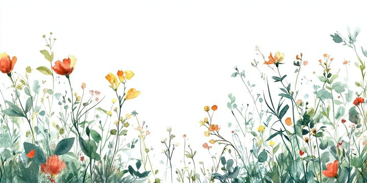 Vibrant wildflowers in a lush green meadow with white background