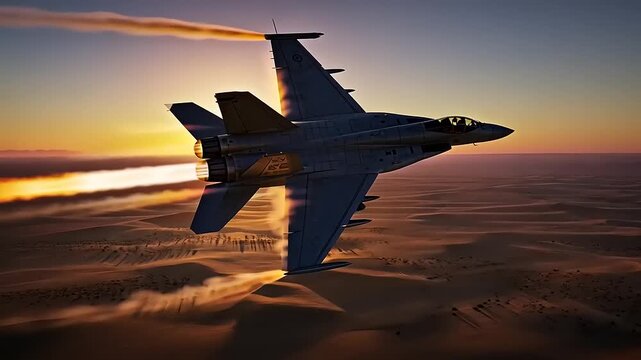 Military Fighter Jet Soaring Through Sunset Sky with Afterburners Blazing.