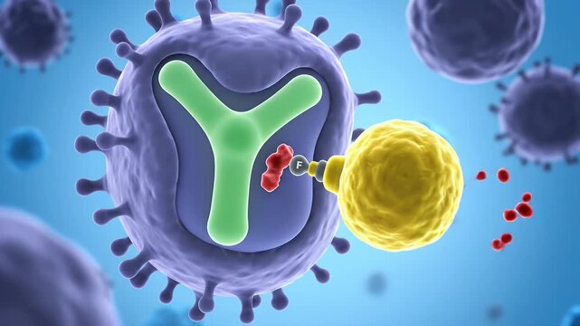 Immune Response Cellular Interaction Animation on Blue Background: Viral Infection, Antigen Presentation, and T Cell