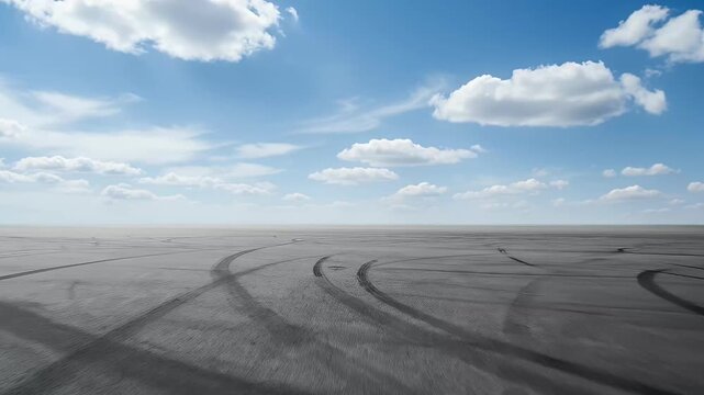 A wide, expansive shot captures an immense, flat ground covered in countless dark tire tracks, stretching towards a distant, clear horizon. Above, a bright blue sky is adorned with scattered, fluffy w