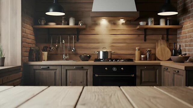 A warm and inviting rustic kitchen interior is revealed as the camera pushes in from a textured wooden countertop. Steam gently rises from a pot simmering on the modern stovetop, bathed in the soft gl