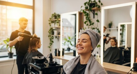 Young woman with towel-wrapped hair smiles contentedly at hair salon while stylist dries client's hair in background.